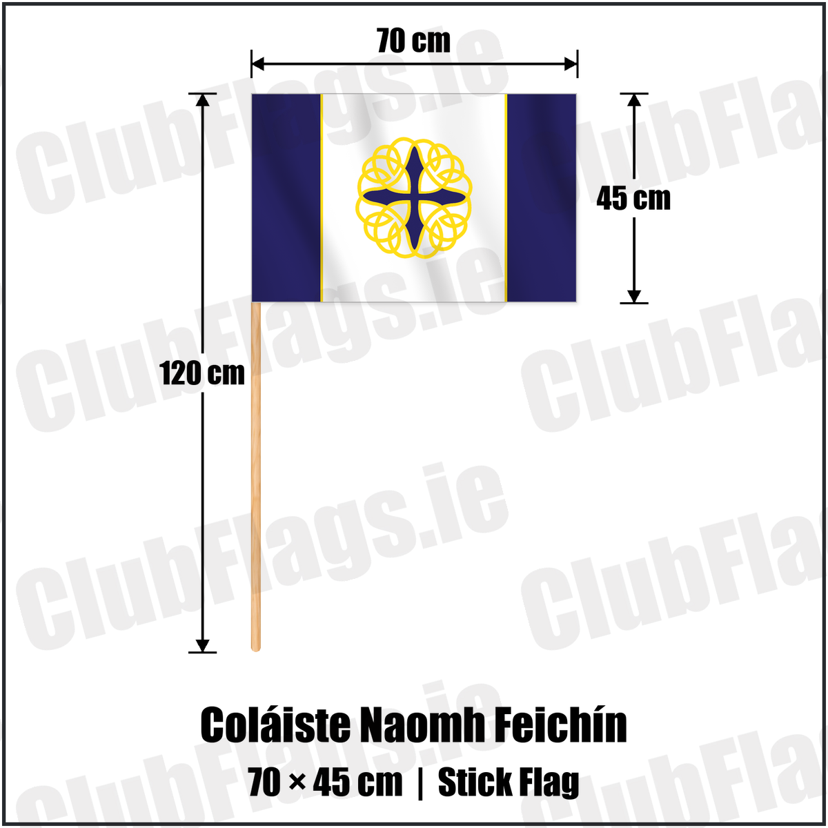 Coláiste Naomh Feichín 45cm x 70cm Stick Flag with the club crest and colours, Galway GAA - ClubFlags.ie
