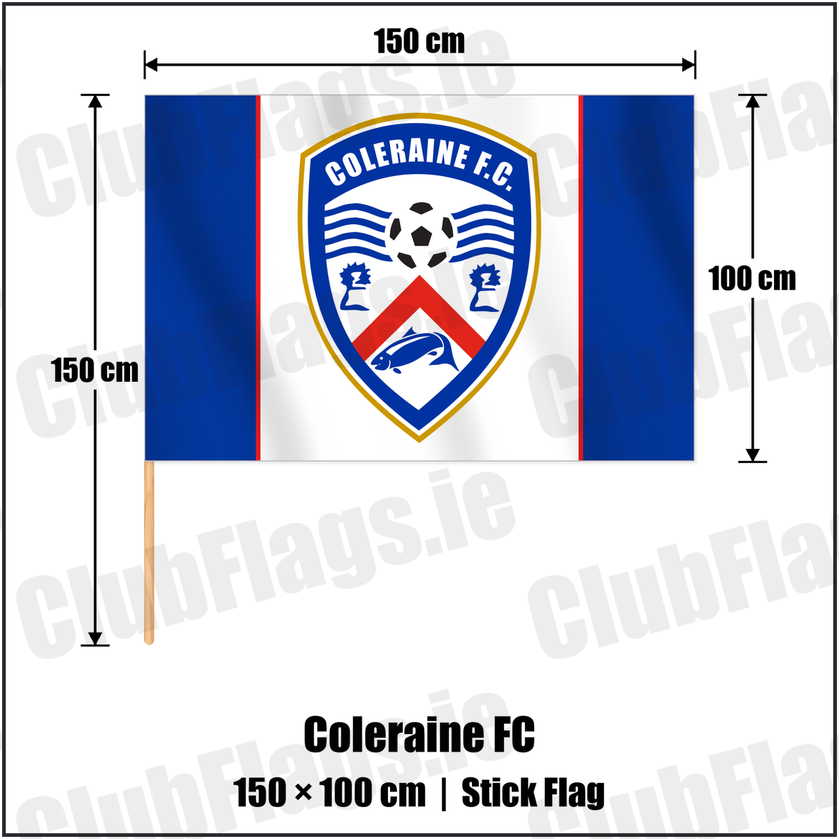 Coleraine FC 100cm x 150cm Stick Flag with the club crest and colours, Derry Football - ClubFlags.ie