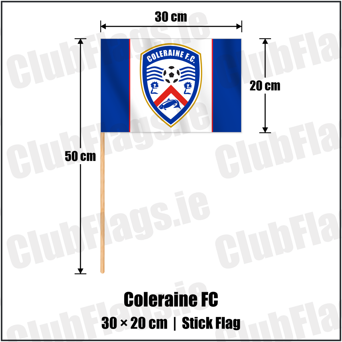 Coleraine FC 20cm x 30cm Stick Flag with the club crest and colours, Derry Football - ClubFlags.ie
