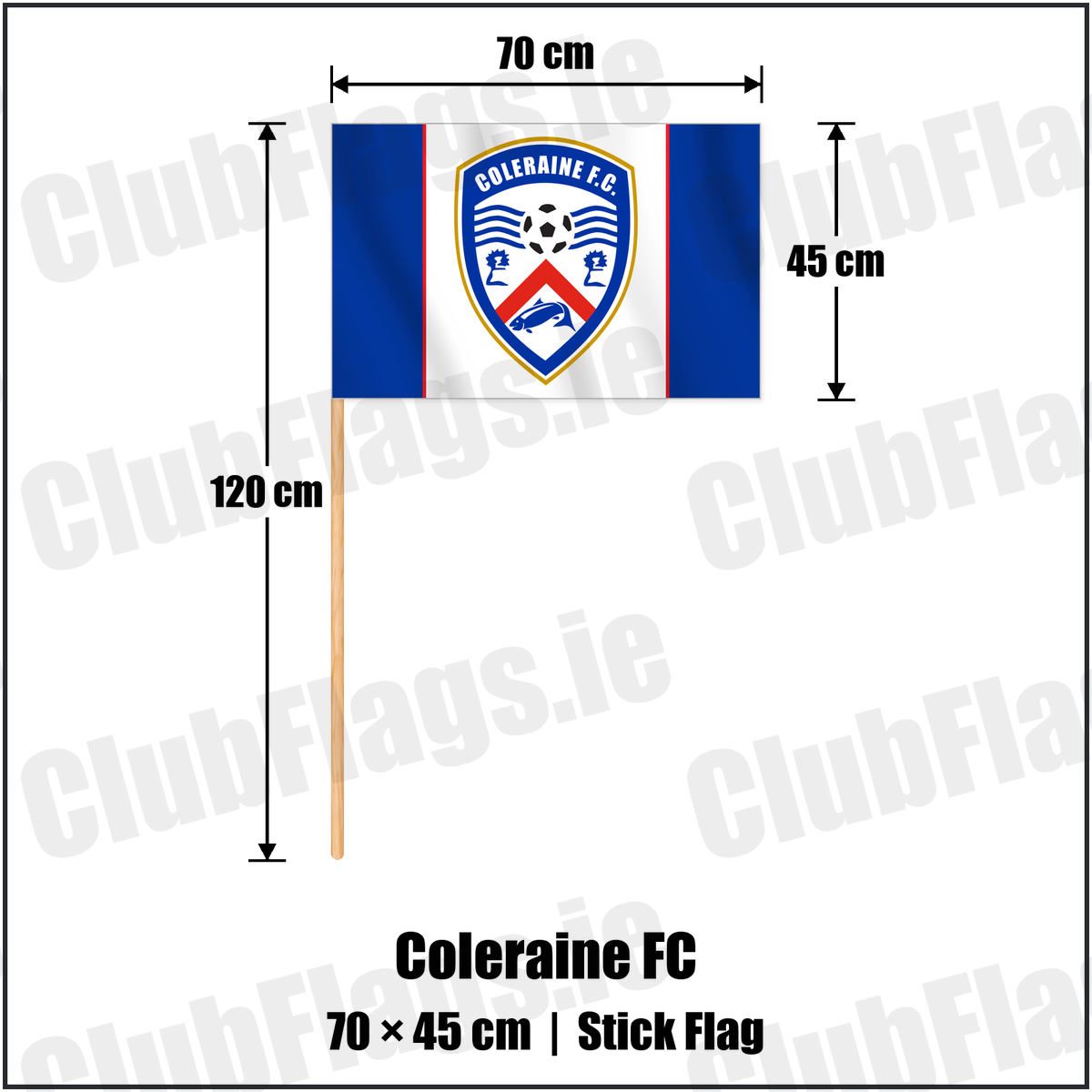 Coleraine FC 45cm x 70cm Stick Flag with the club crest and colours, Derry Football - ClubFlags.ie