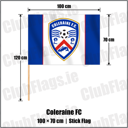 Coleraine FC 70cm x 100cm Stick Flag with the club crest and colours, Derry Football - ClubFlags.ie