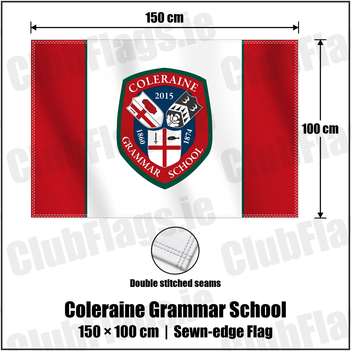 Coleraine Grammar School 100cm x 150cm Flag (sewn on the edges) with the club crest and colours, Derry Rugby - ClubFlags.ie