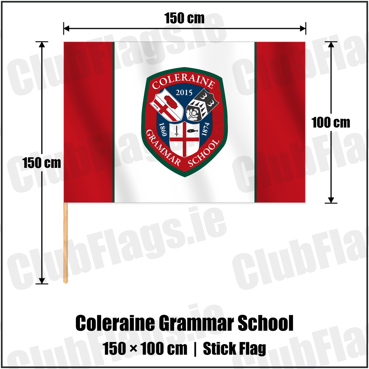Coleraine Grammar School 100cm x 150cm Stick Flag with the club crest and colours, Derry Rugby - ClubFlags.ie