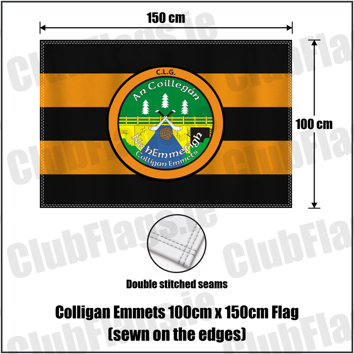 Colligan Emmets 100cm x 150cm Flag (sewn on the edges), featuring the club crest and black and amber colours; County Waterford GAA. ClubFlags.ie.