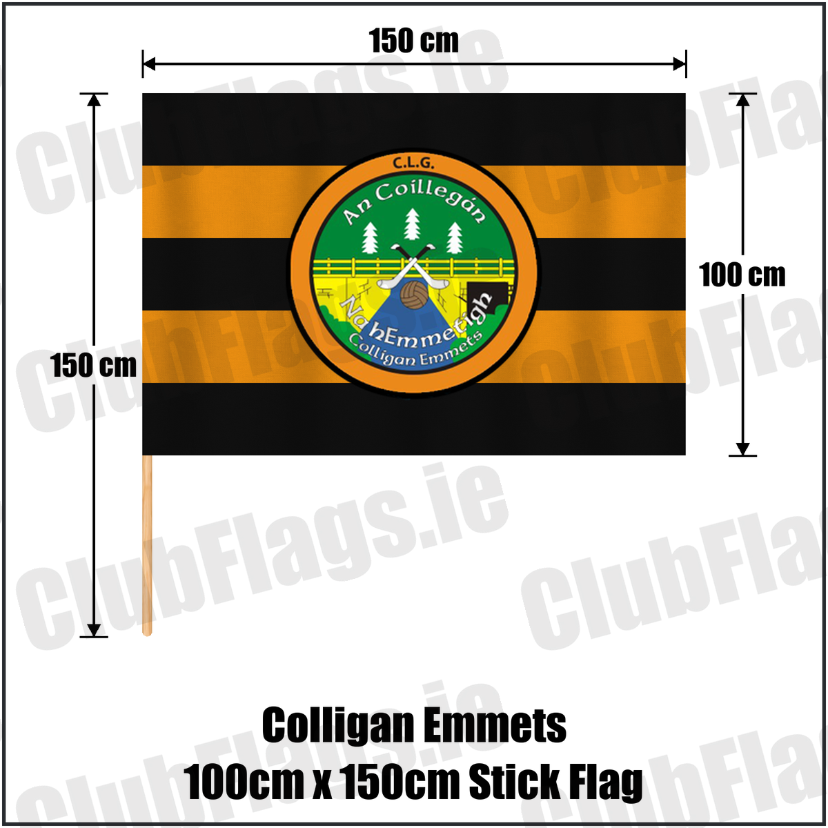 Colligan Emmets 100cm x 150cm Stick Flag, featuring the club crest and black and amber colours; County Waterford GAA. ClubFlags.ie.