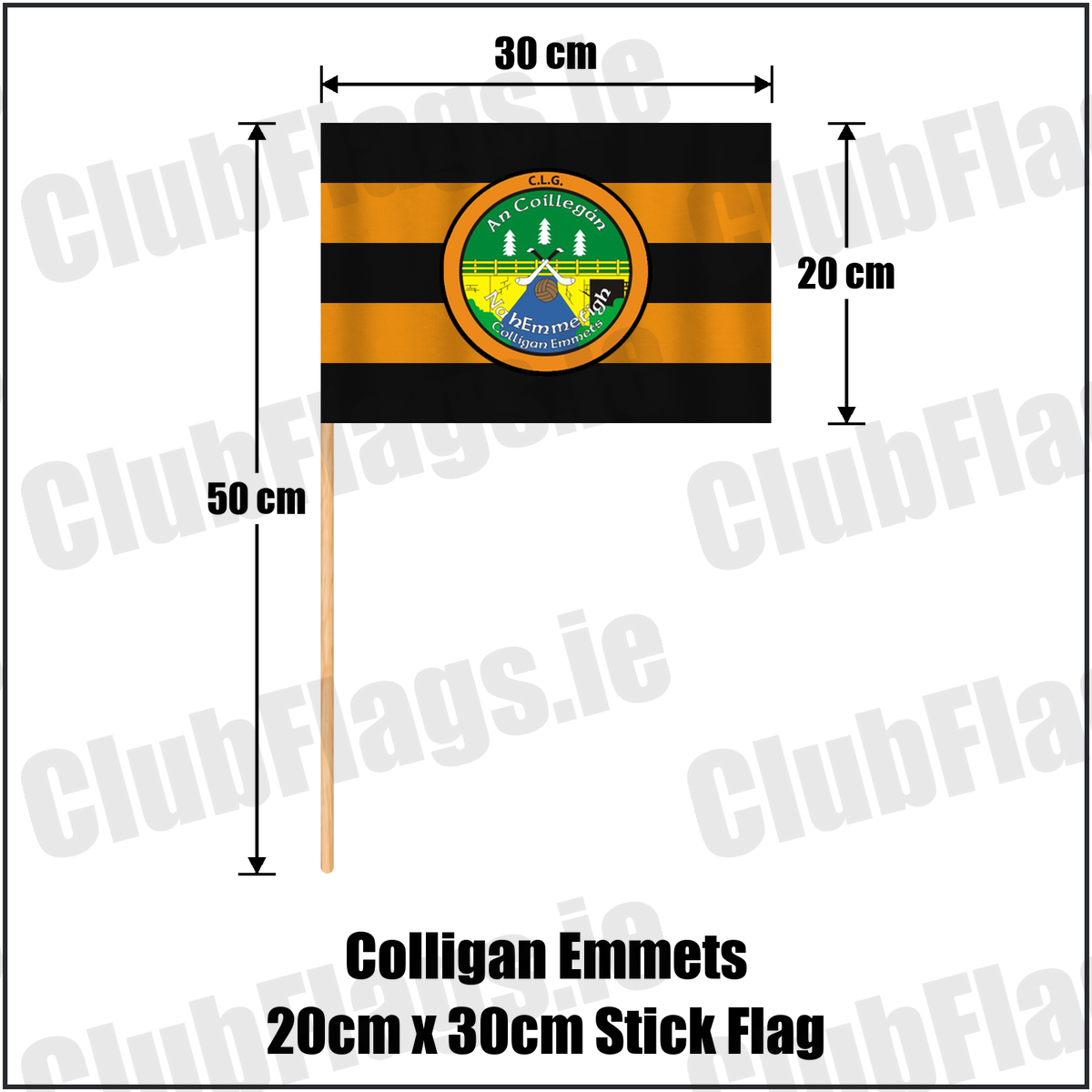 Colligan Emmets 20cm x 30cm Stick Flag, featuring the club crest and black and amber colours; County Waterford GAA. ClubFlags.ie.