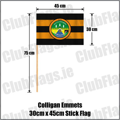 Colligan Emmets 30cm x 45cm Stick Flag, featuring the club crest and black and amber colours; County Waterford GAA. ClubFlags.ie.