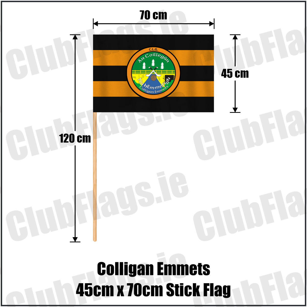 Colligan Emmets 45cm x 70cm Stick Flag, featuring the club crest and black and amber colours; County Waterford GAA. ClubFlags.ie.