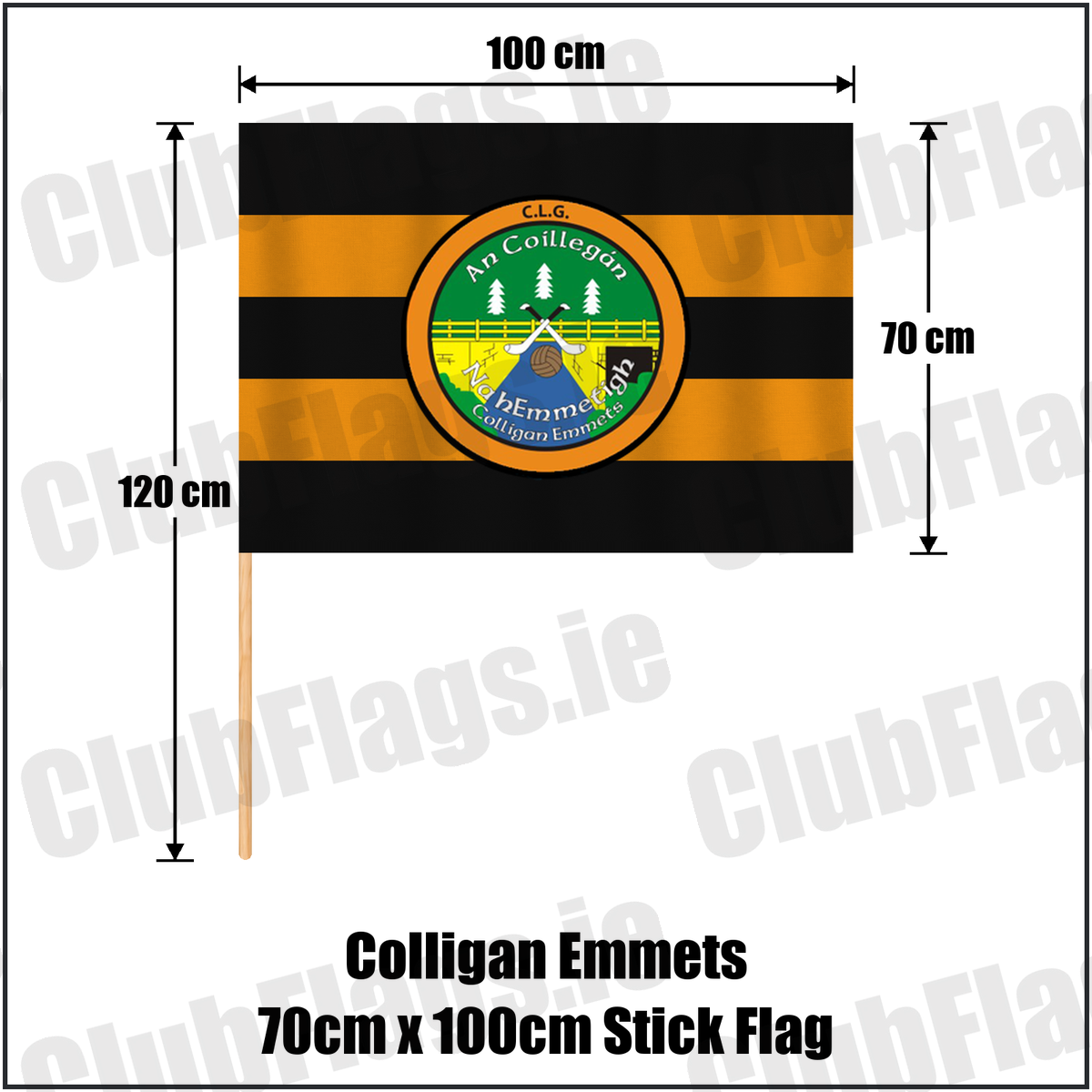 Colligan Emmets 70cm x 100cm Stick Flag, featuring the club crest and black and amber colours; County Waterford GAA. ClubFlags.ie.