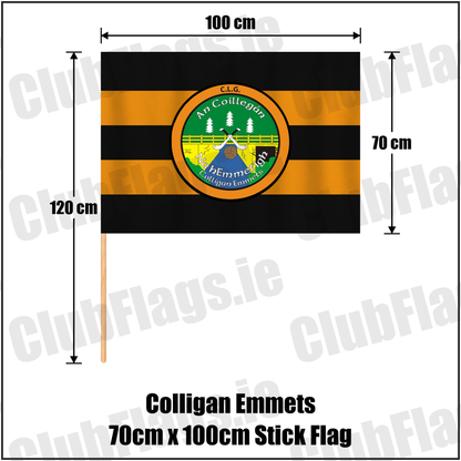 Colligan Emmets 70cm x 100cm Stick Flag, featuring the club crest and black and amber colours; County Waterford GAA. ClubFlags.ie.