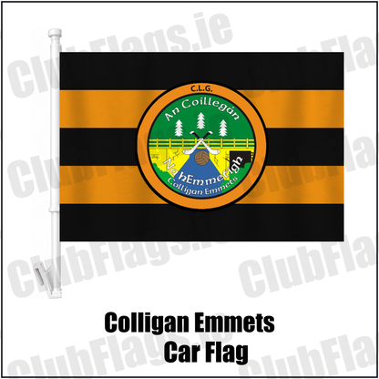 Colligan Emmets Car Flag, featuring the club crest and black and amber colours; County Waterford GAA. ClubFlags.ie.