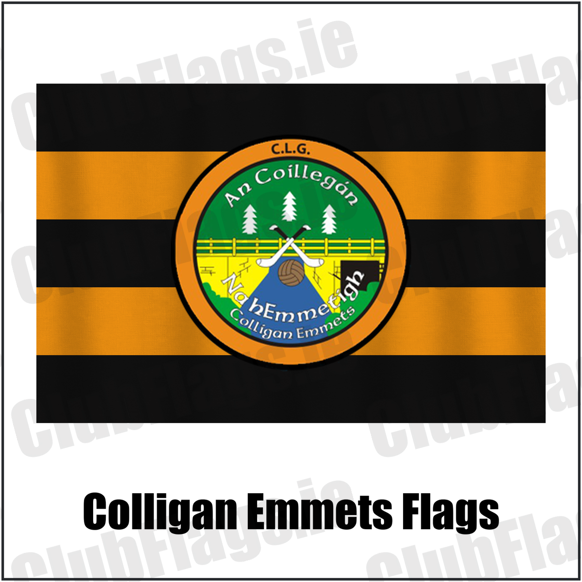 Colligan Emmets Flags, featuring the club crest and black and amber colours; County Waterford GAA. ClubFlags.ie.