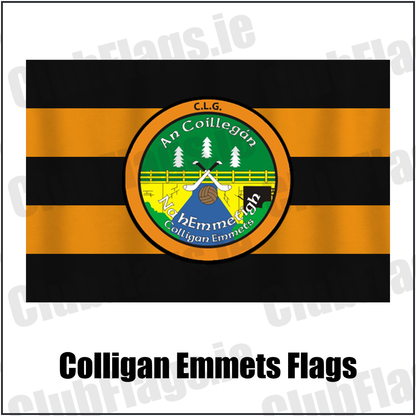 Colligan Emmets Flags, featuring the club crest and black and amber colours; County Waterford GAA. ClubFlags.ie.