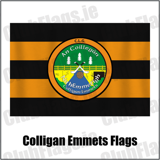 Colligan Emmets Flags, featuring the club crest and black and amber colours; County Waterford GAA. ClubFlags.ie.
