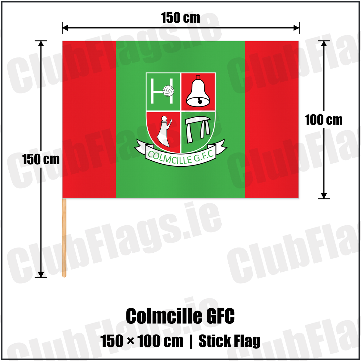 Colmcille GFC 100cm x 150cm Stick Flag with the club crest and colours, Longford GAA - ClubFlags.ie