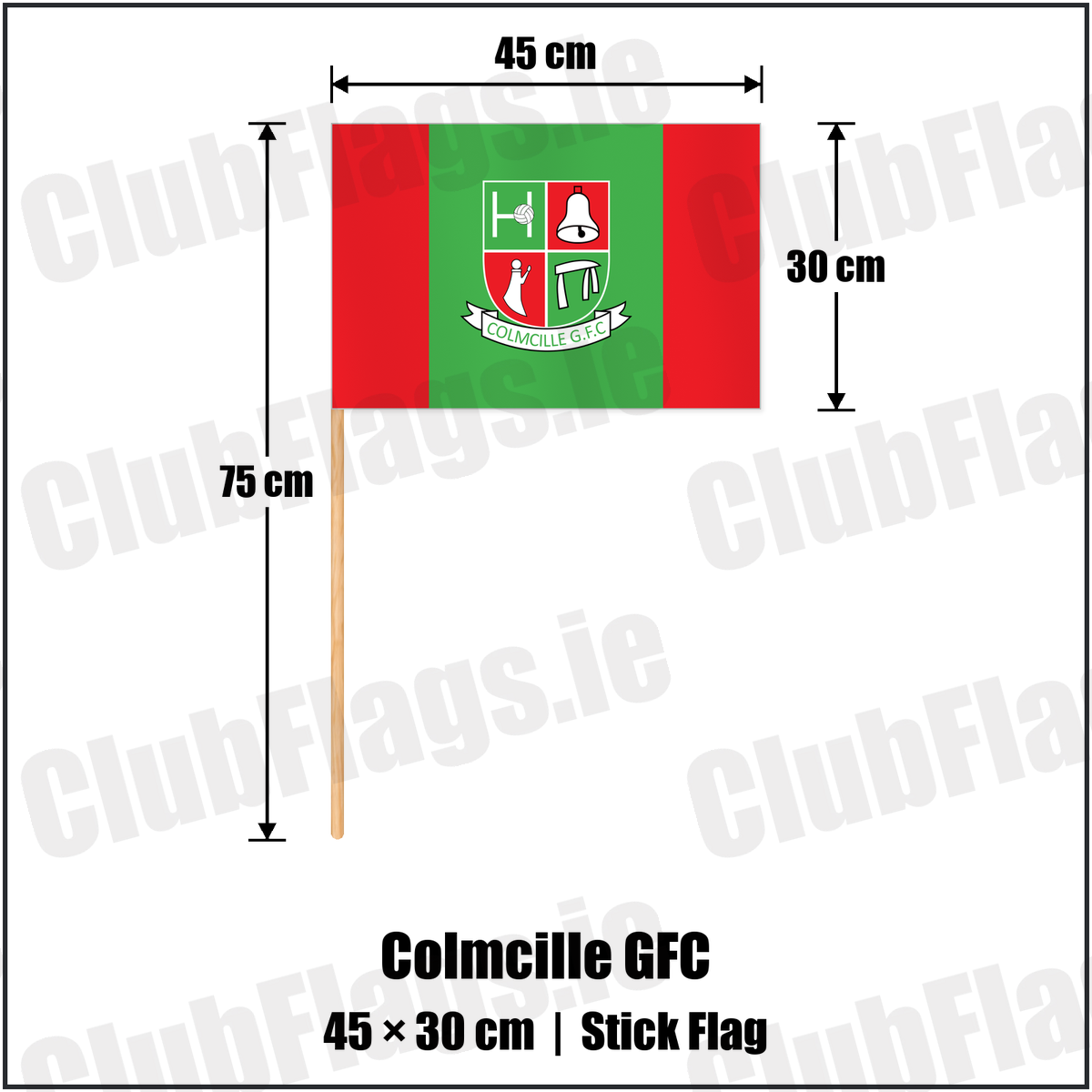 Colmcille GFC 30cm x 45cm Stick Flag with the club crest and colours, Longford GAA - ClubFlags.ie