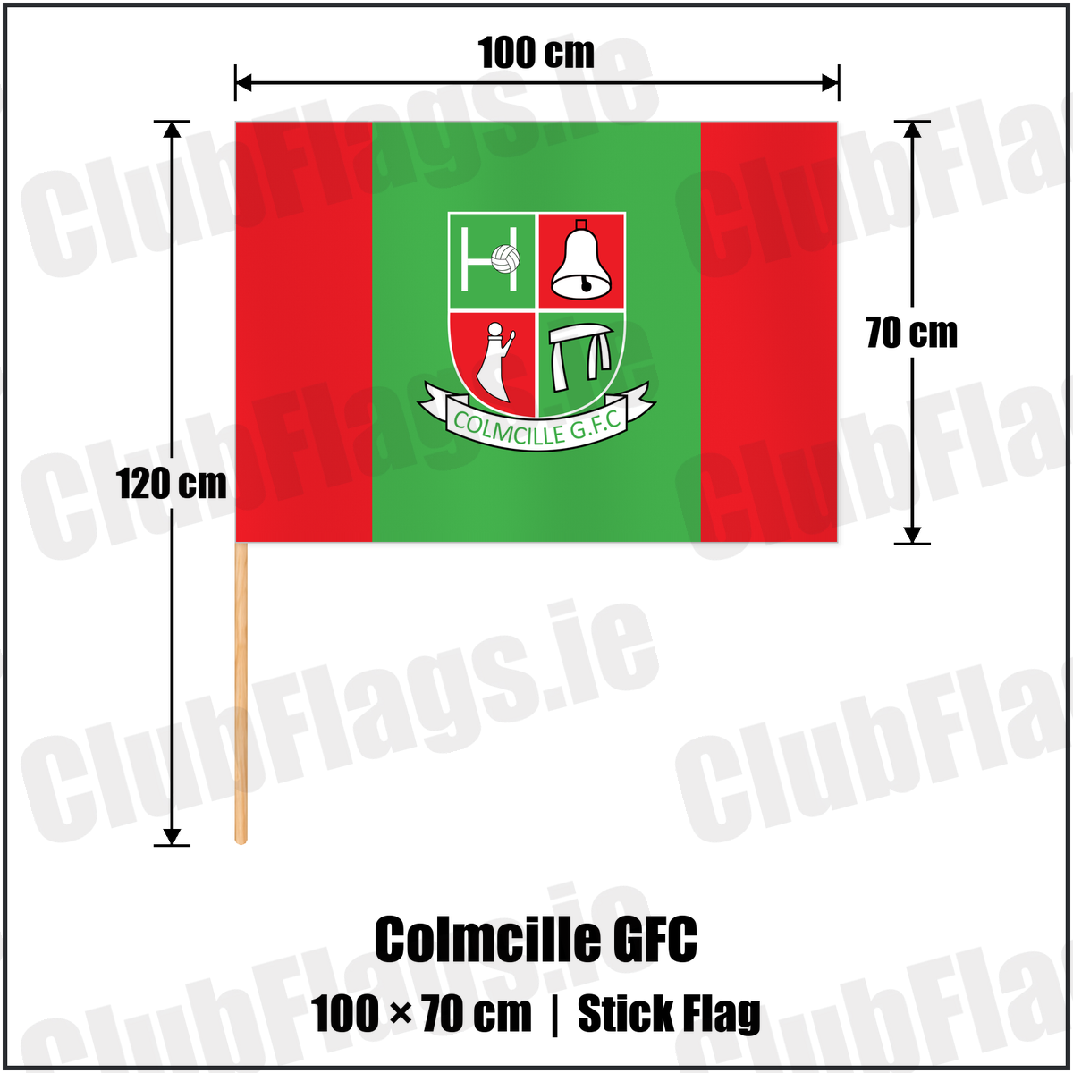 Colmcille GFC 70cm x 100cm Stick Flag with the club crest and colours, Longford GAA - ClubFlags.ie