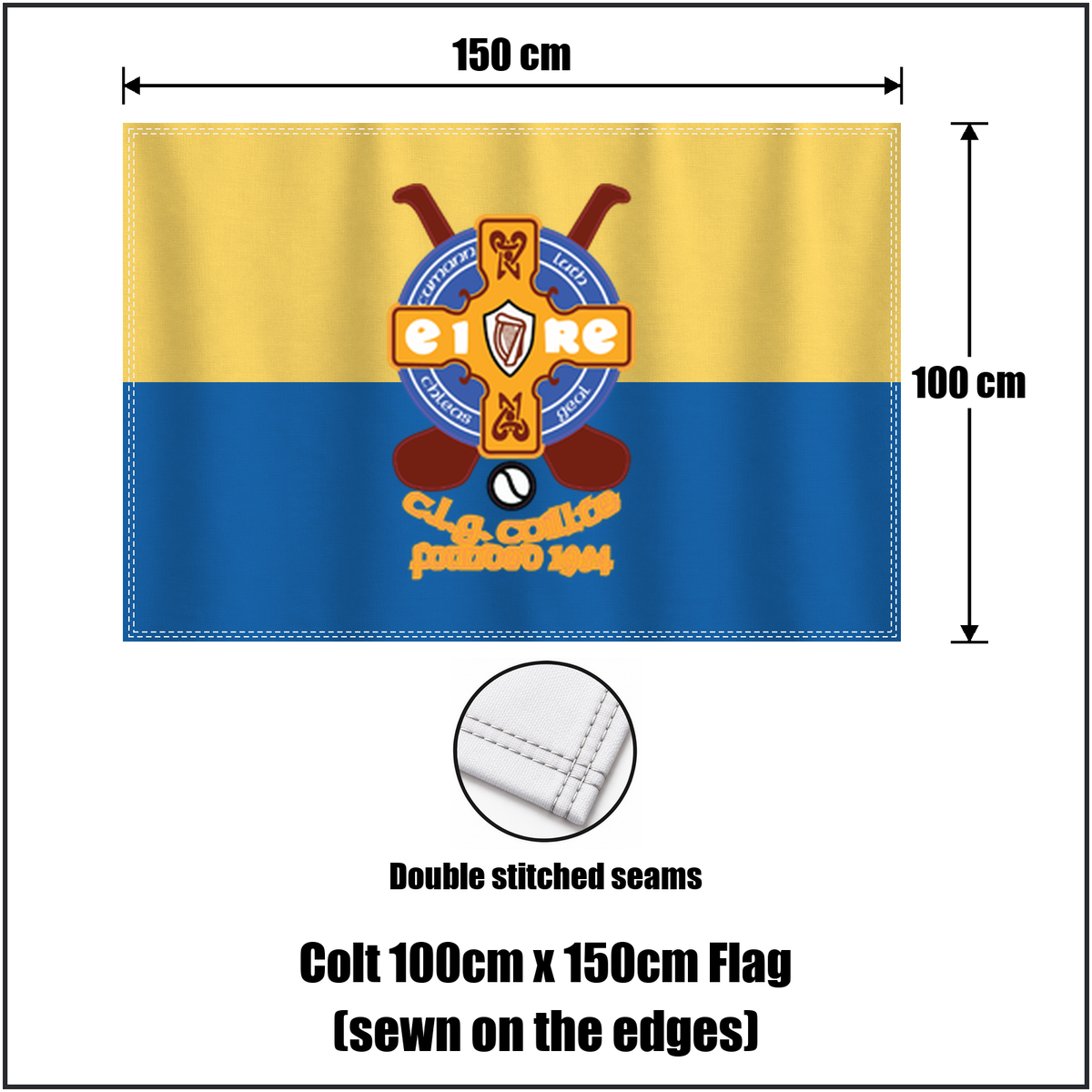 Colt 100cm x 150cm Flag (sewn on the edges), featuring the club crest and blue and gold colours; County Laois GAA. ClubFlags.ie.