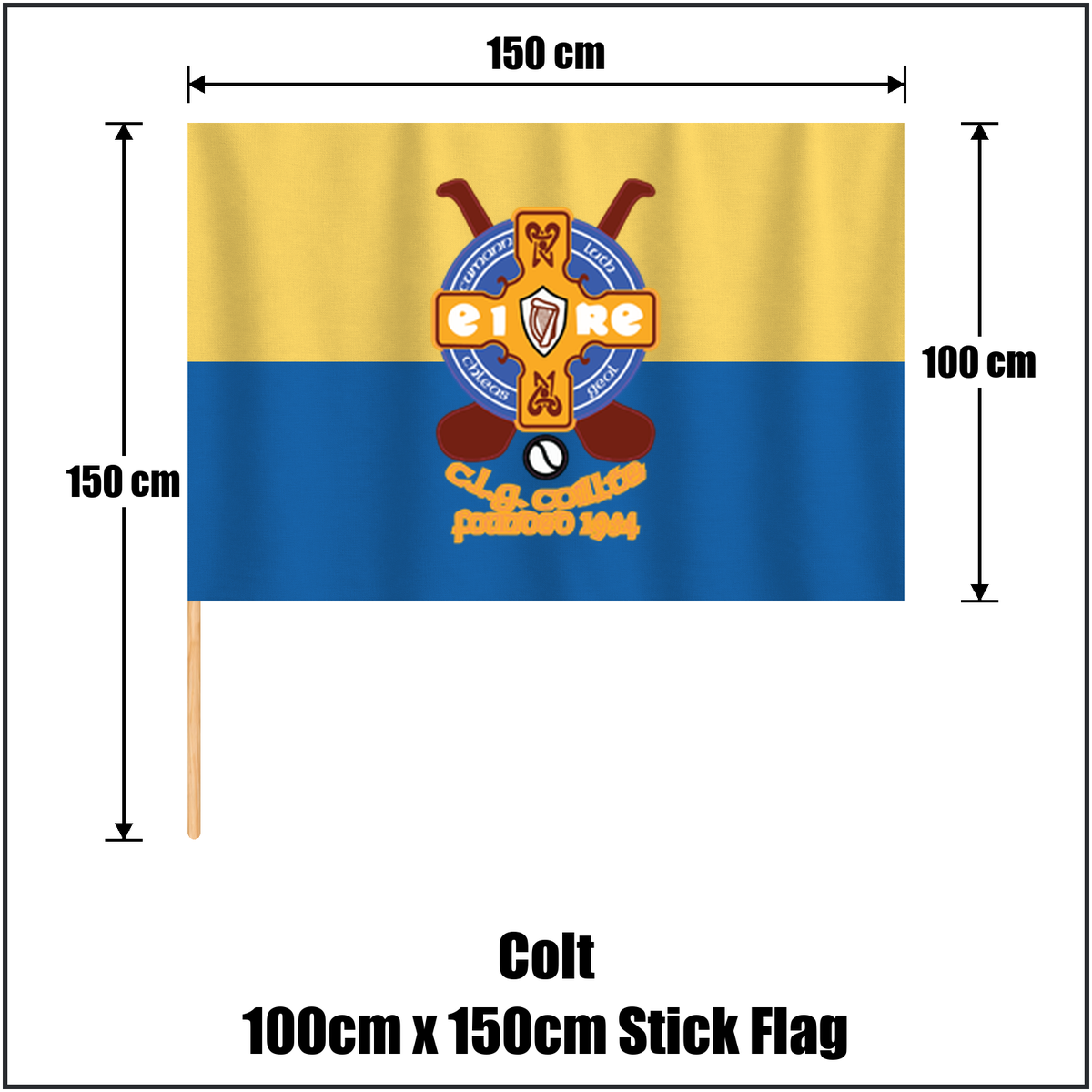 Colt 100cm x 150cm Stick Flag, featuring the club crest and blue and gold colours; County Laois GAA. ClubFlags.ie.