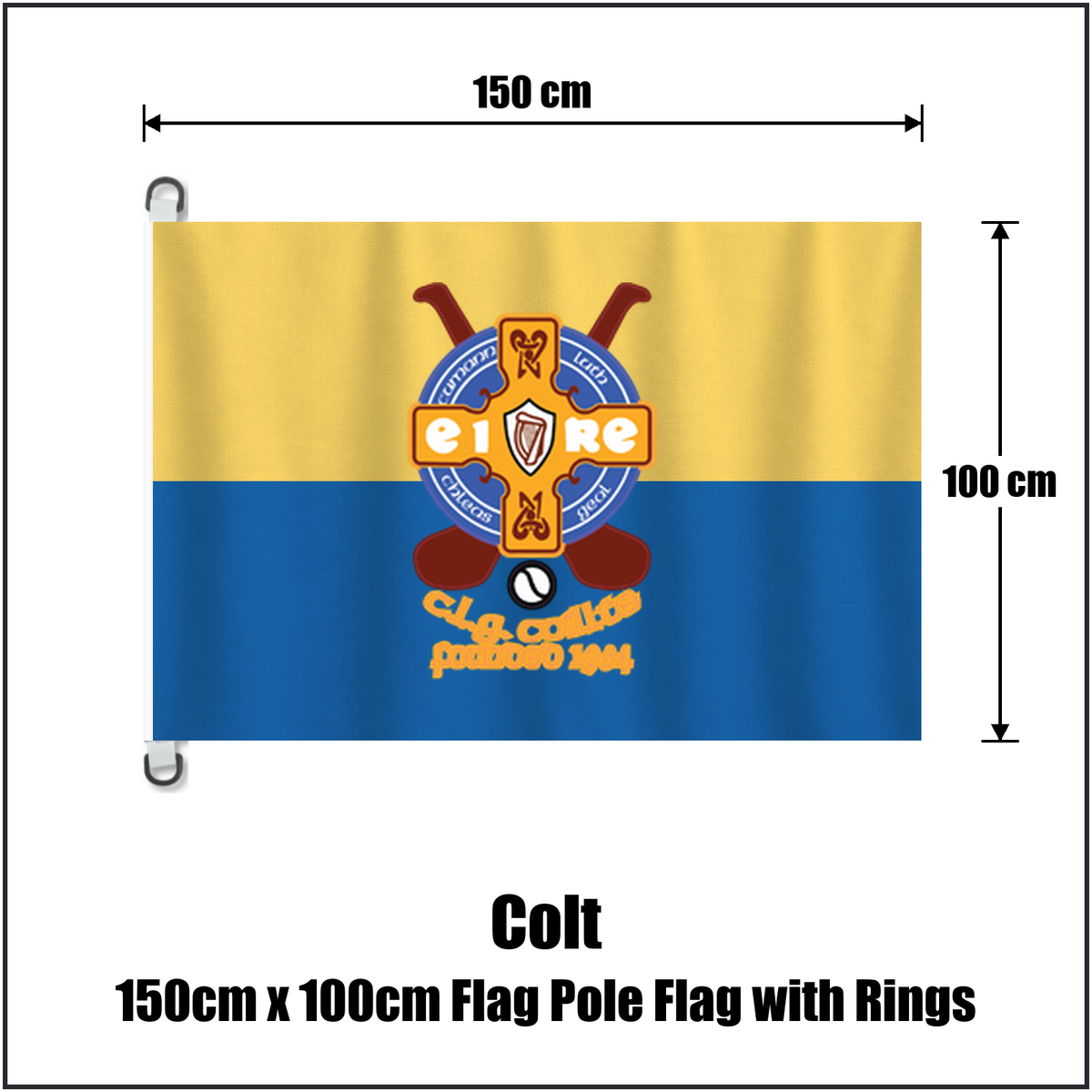 Colt 150cm x 100cm Flag Pole Flag with Rings, featuring the club crest and blue and gold colours; County Laois GAA. ClubFlags.ie.