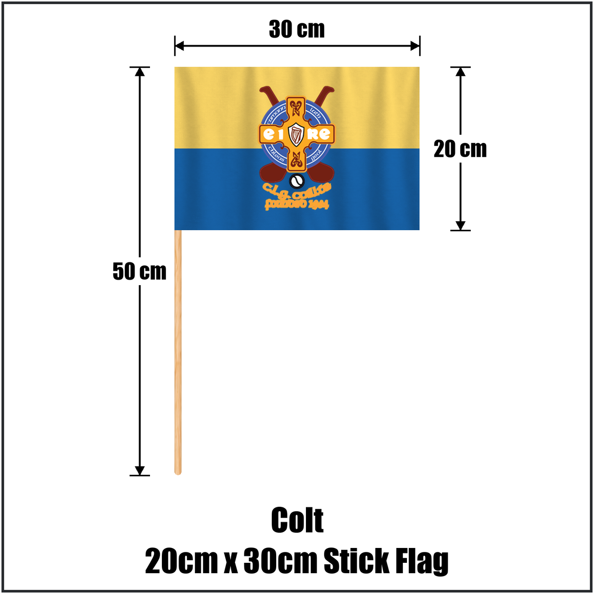Colt 20cm x 30cm Stick Flag, featuring the club crest and blue and gold colours; County Laois GAA. ClubFlags.ie.