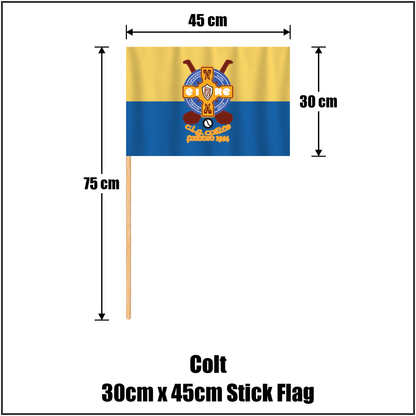 Colt 30cm x 45cm Stick Flag, featuring the club crest and blue and gold colours; County Laois GAA. ClubFlags.ie.