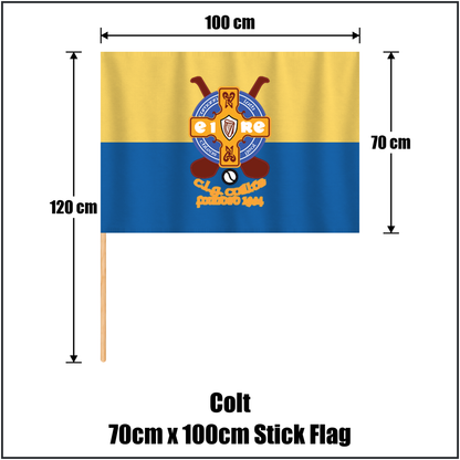 Colt 70cm x 100cm Stick Flag, featuring the club crest and blue and gold colours; County Laois GAA. ClubFlags.ie.