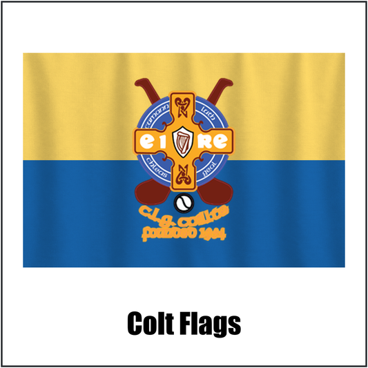 Colt Flags, featuring the club crest and blue and gold colours; County Laois GAA. ClubFlags.ie.