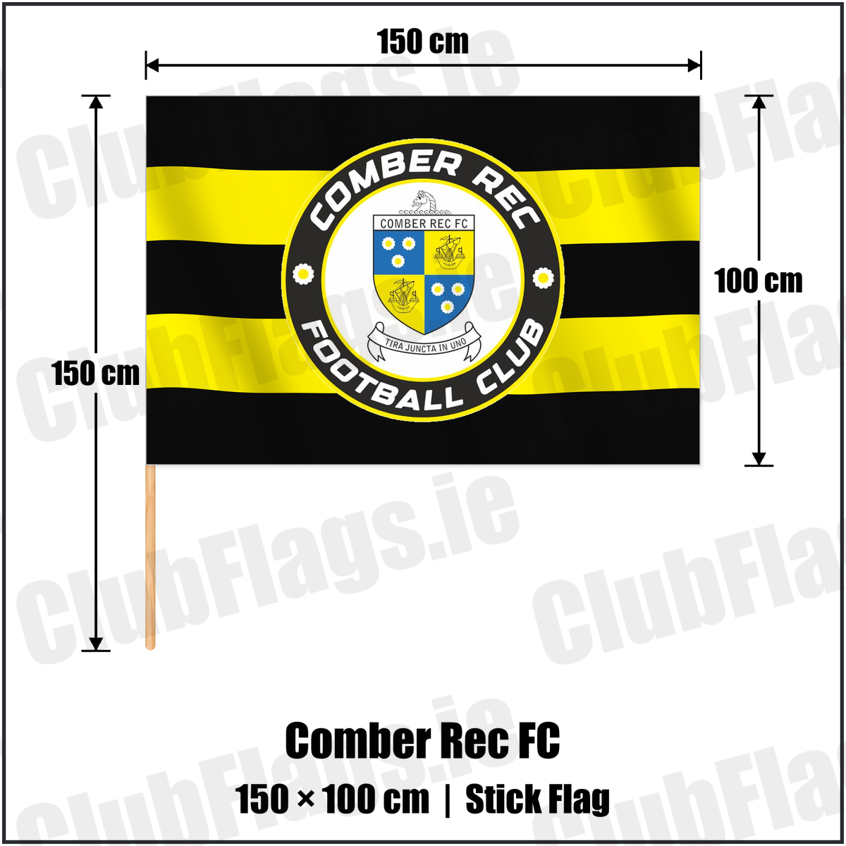 Comber Rec FC 100cm x 150cm Stick Flag with the club crest and colours, Down Football - ClubFlags.ie
