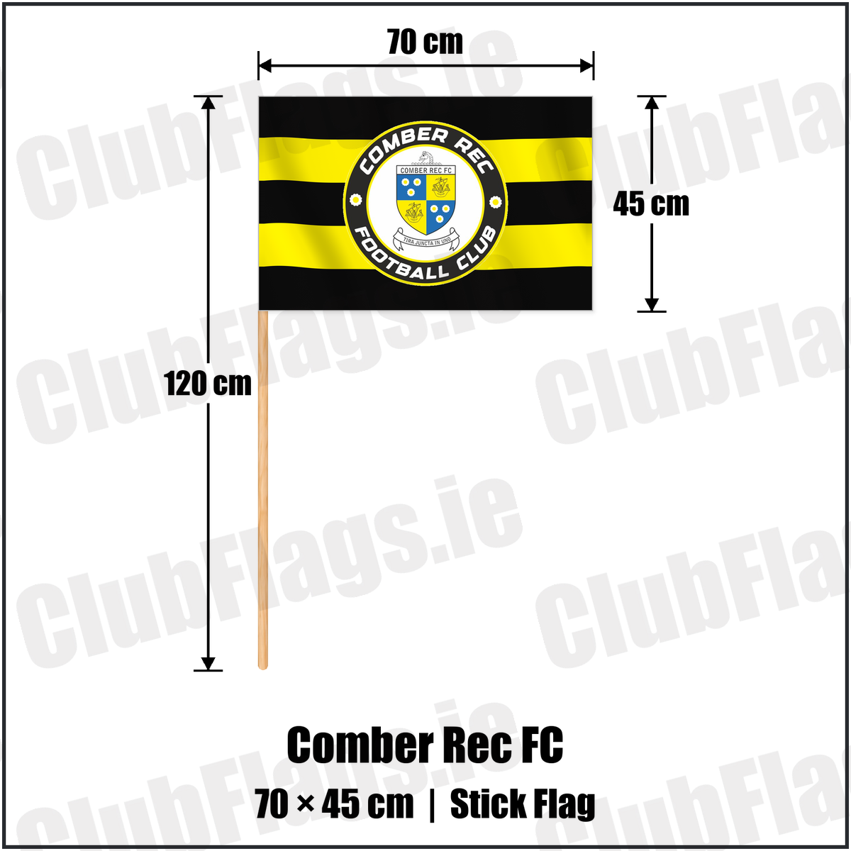 Comber Rec FC 45cm x 70cm Stick Flag with the club crest and colours, Down Football - ClubFlags.ie