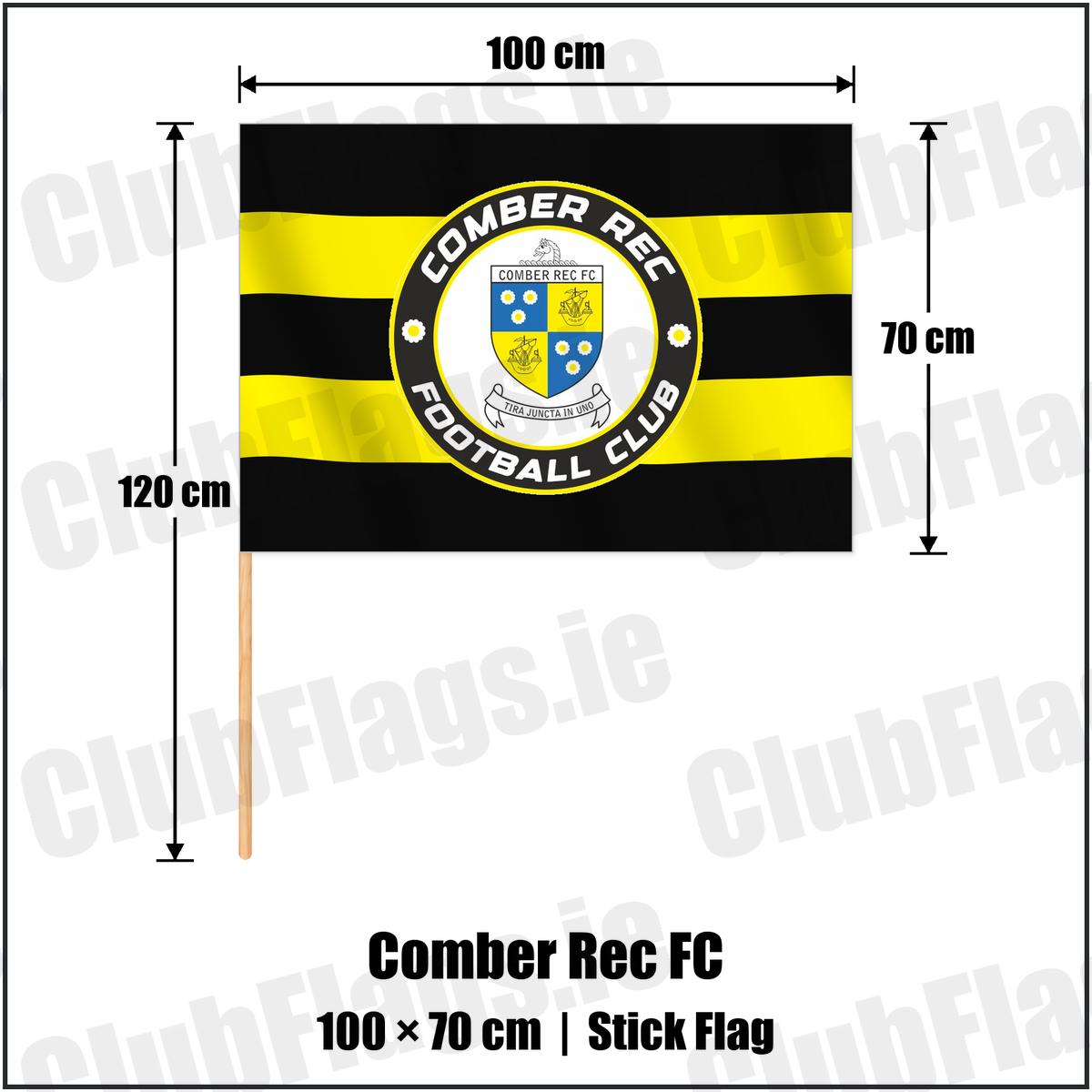 Comber Rec FC 70cm x 100cm Stick Flag with the club crest and colours, Down Football - ClubFlags.ie