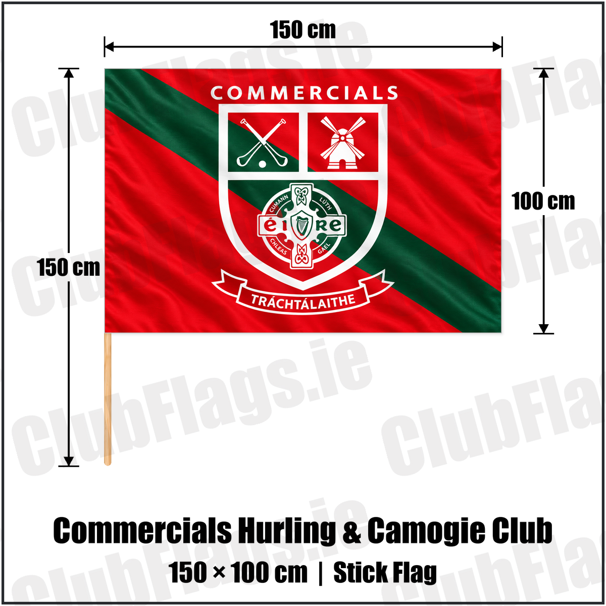 Commercials Hurling & Camogie Club 100cm x 150cm Stick Flag with the club crest and colours, Dublin GAA - ClubFlags.ie