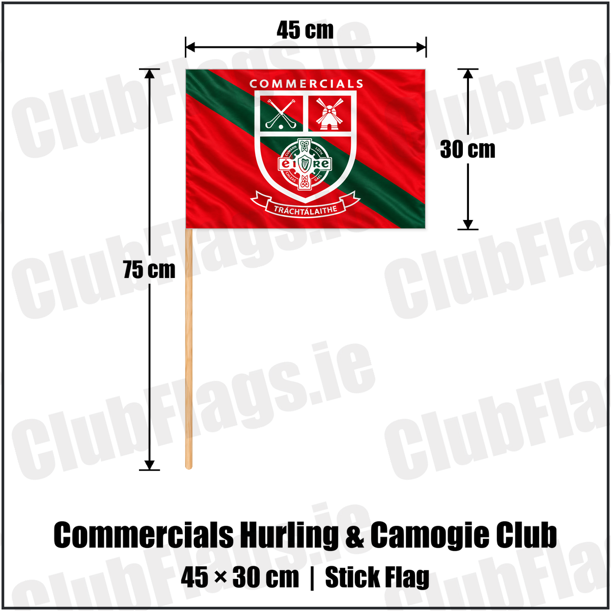 Commercials Hurling & Camogie Club 30cm x 45cm Stick Flag with the club crest and colours, Dublin GAA - ClubFlags.ie