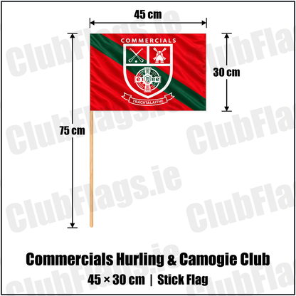 Commercials Hurling & Camogie Club 30cm x 45cm Stick Flag with the club crest and colours, Dublin GAA - ClubFlags.ie