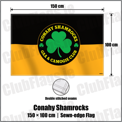 Conahy Shamrocks 100cm x 150cm Flag (sewn on the edges) with the club crest and colours, Kilkenny GAA - ClubFlags.ie