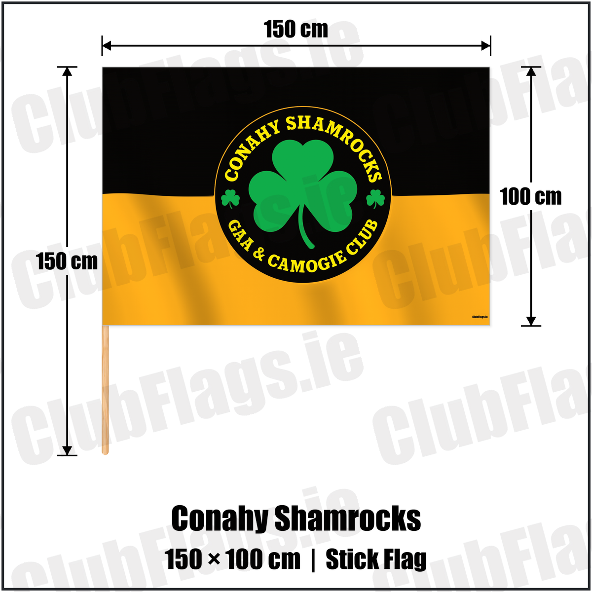 Conahy Shamrocks 100cm x 150cm Stick Flag with the club crest and colours, Kilkenny GAA - ClubFlags.ie