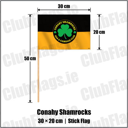 Conahy Shamrocks 20cm x 30cm Stick Flag with the club crest and colours, Kilkenny GAA - ClubFlags.ie