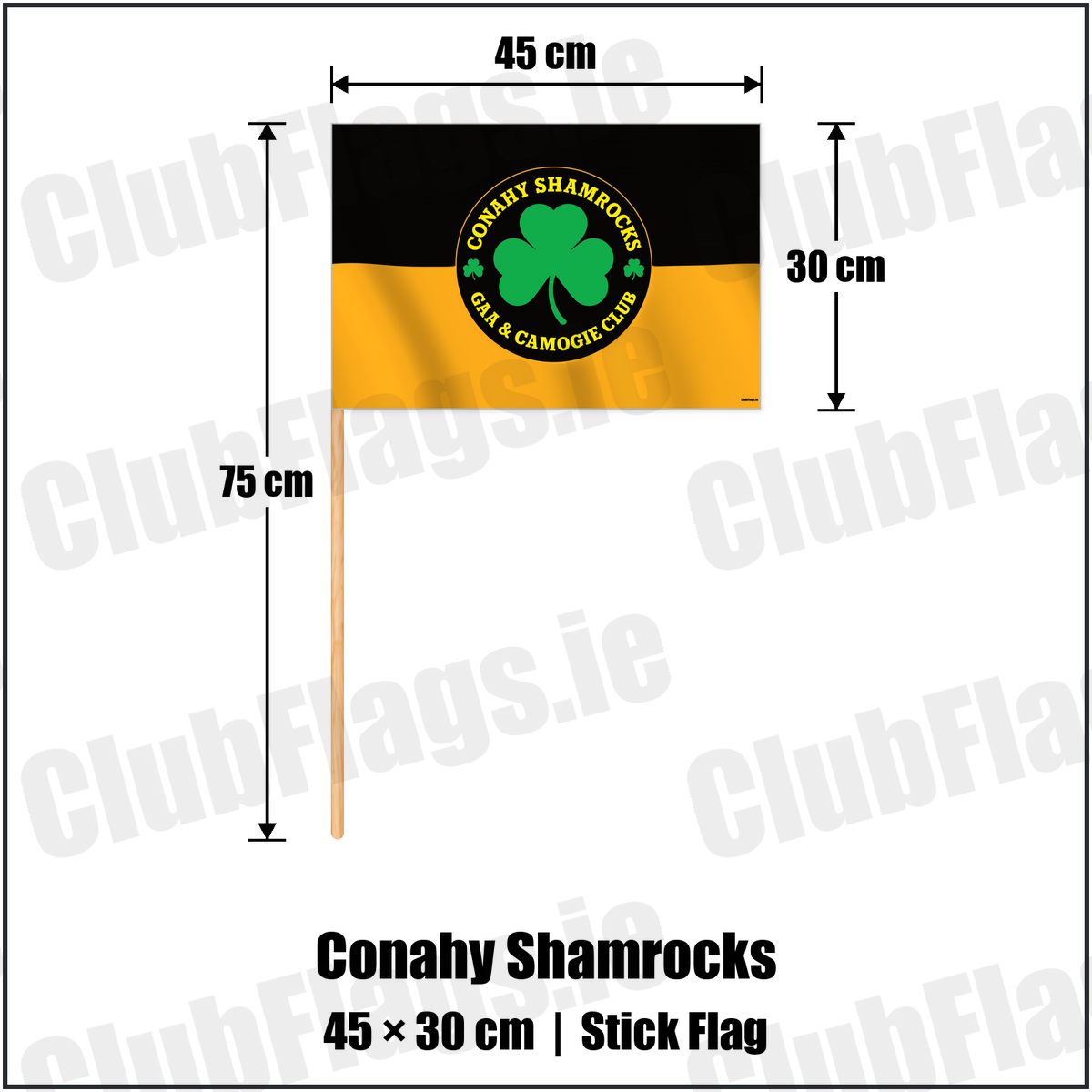 Conahy Shamrocks 30cm x 45cm Stick Flag with the club crest and colours, Kilkenny GAA - ClubFlags.ie