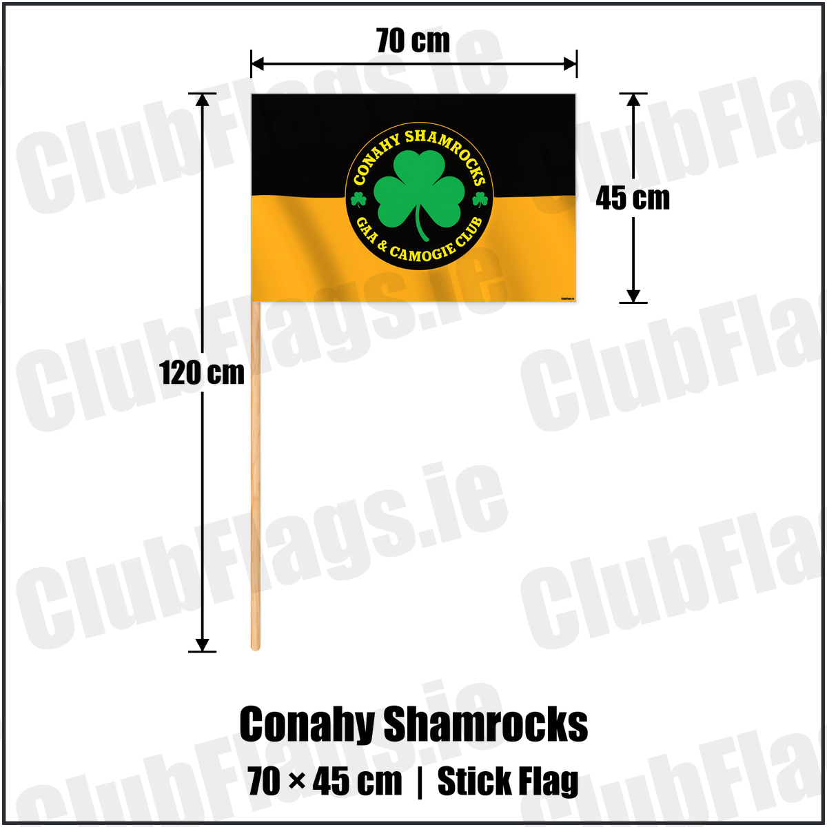 Conahy Shamrocks 45cm x 70cm Stick Flag with the club crest and colours, Kilkenny GAA - ClubFlags.ie
