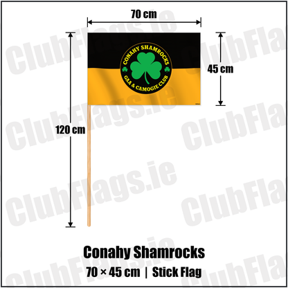 Conahy Shamrocks 45cm x 70cm Stick Flag with the club crest and colours, Kilkenny GAA - ClubFlags.ie