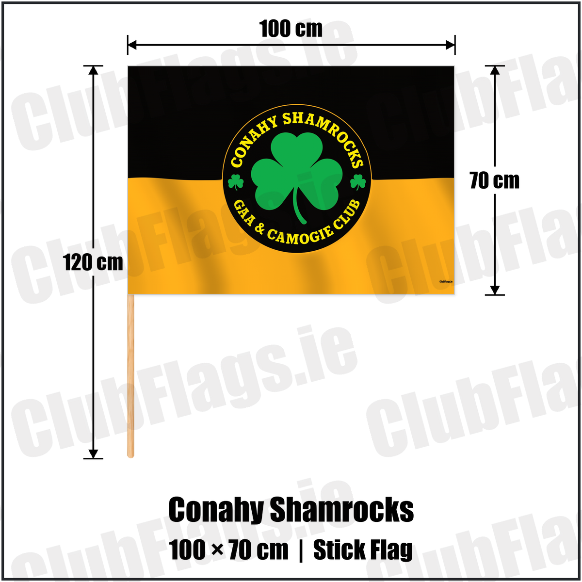 Conahy Shamrocks 70cm x 100cm Stick Flag with the club crest and colours, Kilkenny GAA - ClubFlags.ie