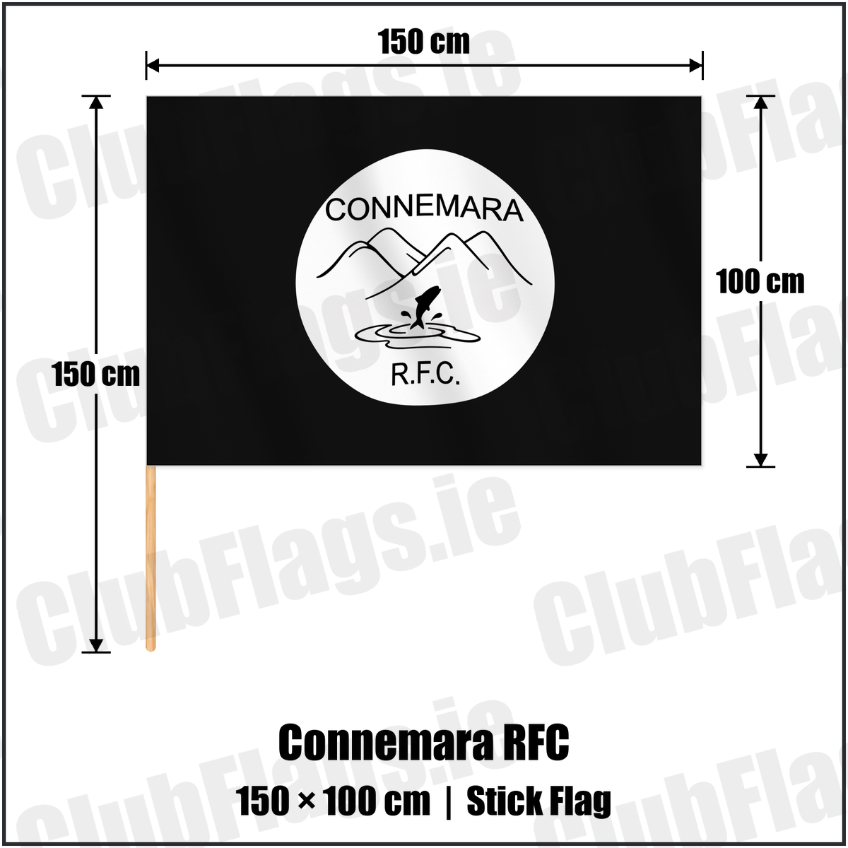 Connemara RFC 100cm x 150cm Stick Flag with the verified club crest and colours, Galway Rugby - ClubFlags.ie