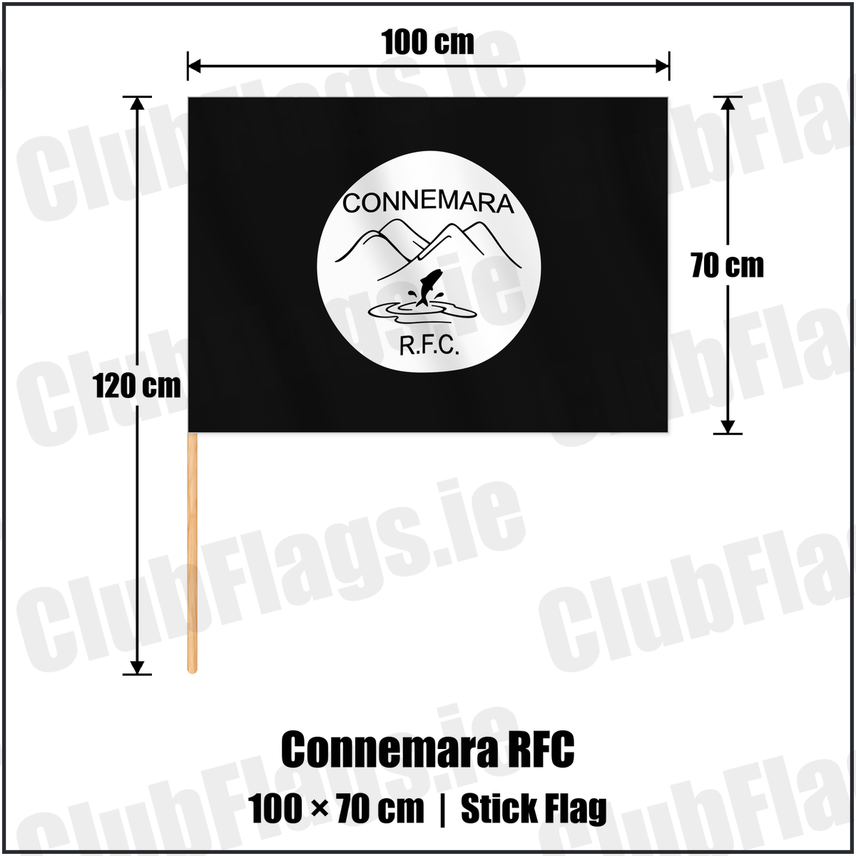 Connemara RFC 70cm x 100cm Stick Flag with the verified club crest and colours, Galway Rugby - ClubFlags.ie