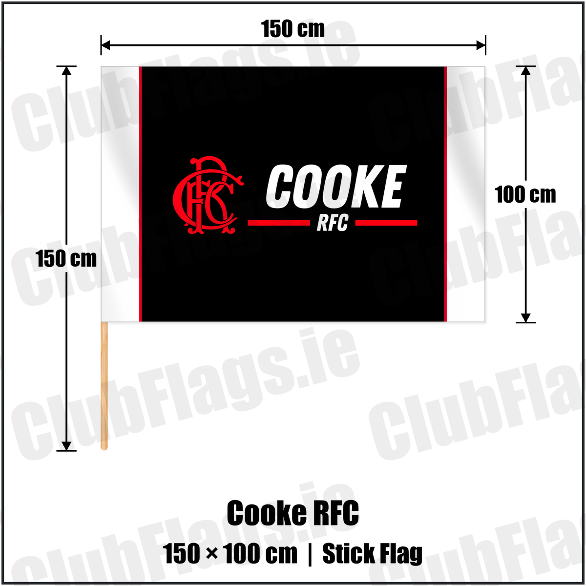 Cooke RFC 100cm x 150cm Stick Flag with the club crest and colours, Down Rugby - ClubFlags.ie