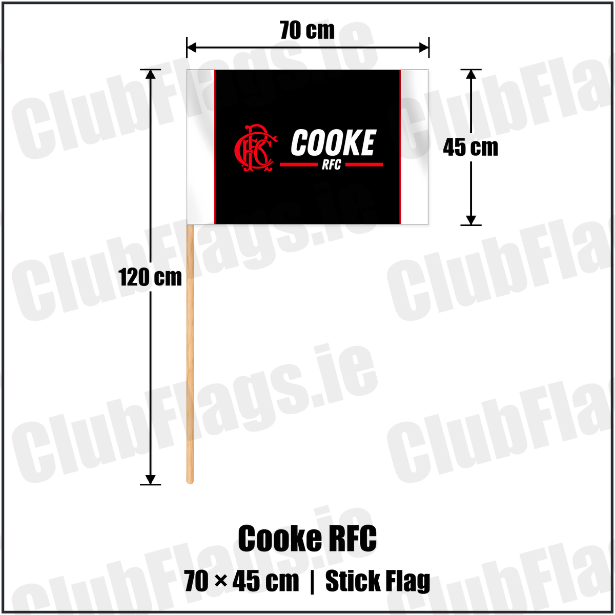 Cooke RFC 45cm x 70cm Stick Flag with the club crest and colours, Down Rugby - ClubFlags.ie