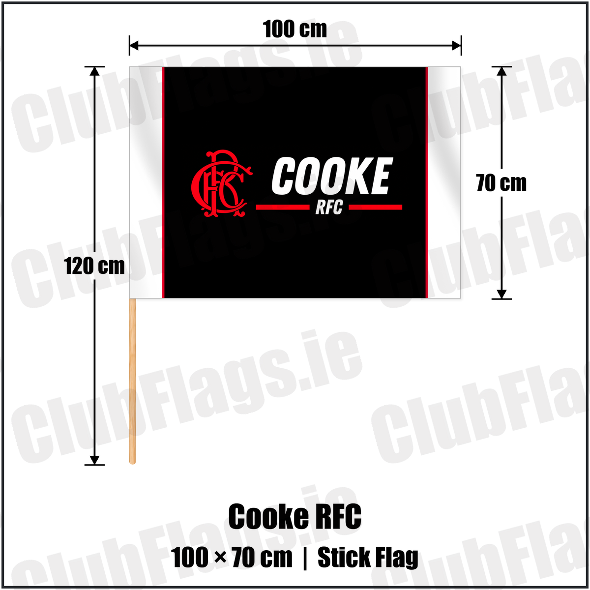 Cooke RFC 70cm x 100cm Stick Flag with the club crest and colours, Down Rugby - ClubFlags.ie