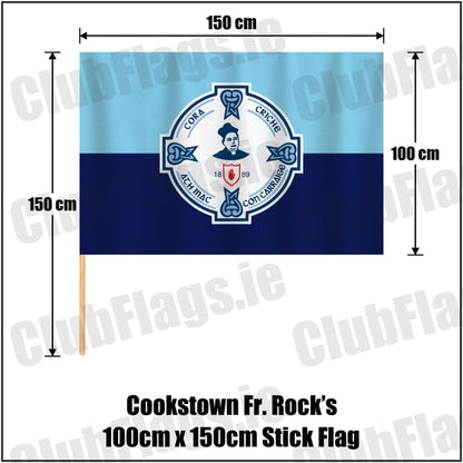 Cookstown Fr. Rock’s 100cm x 150cm Stick Flag in sky blue and navy, featuring the club crest on realistic fabric with gentle vertical folds; County Tyrone GAA. ClubFlags.ie.