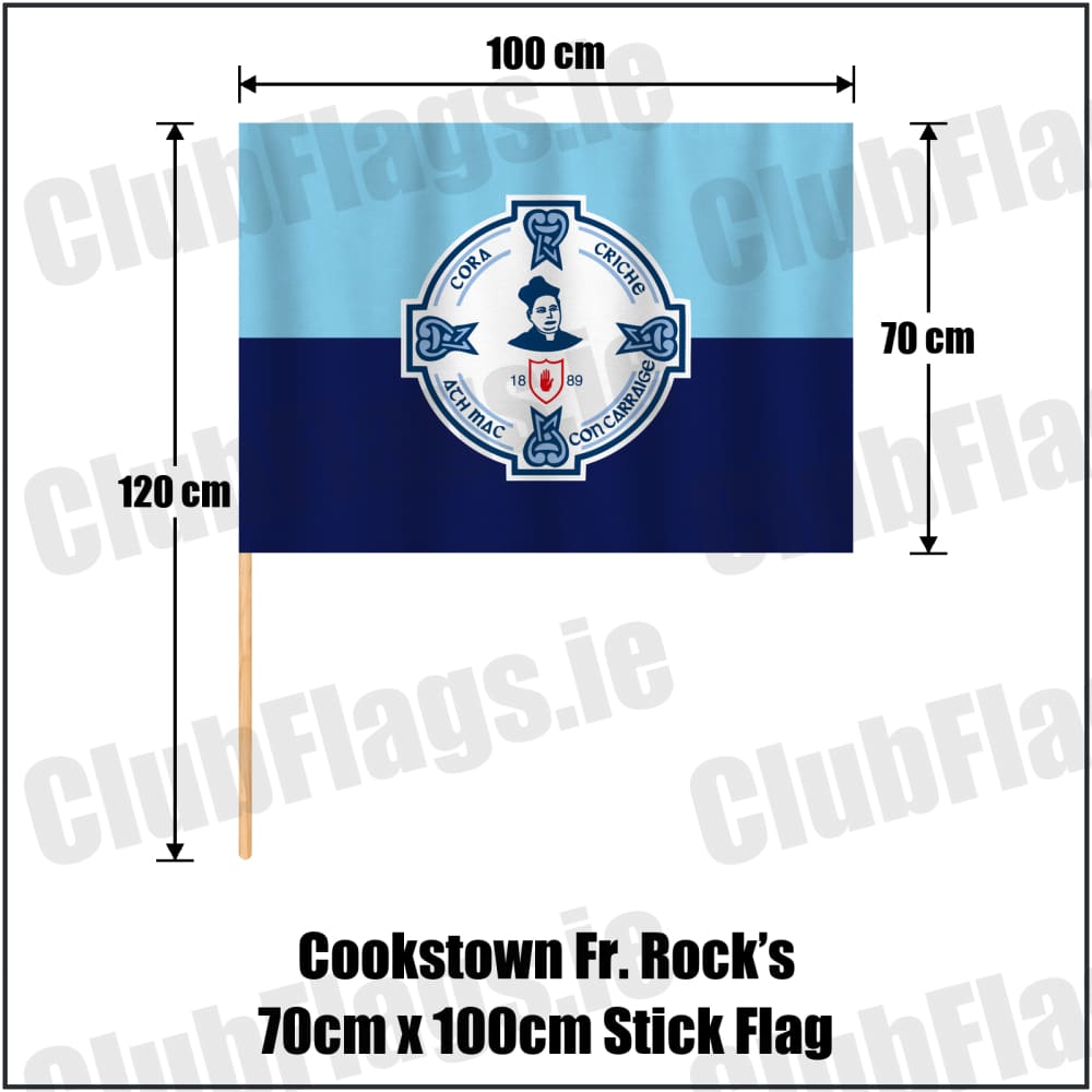 Cookstown Fr. Rock’s 70cm x 100cm Stick Flag in sky blue and navy, featuring the club crest on realistic fabric with gentle vertical folds; County Tyrone GAA. ClubFlags.ie.