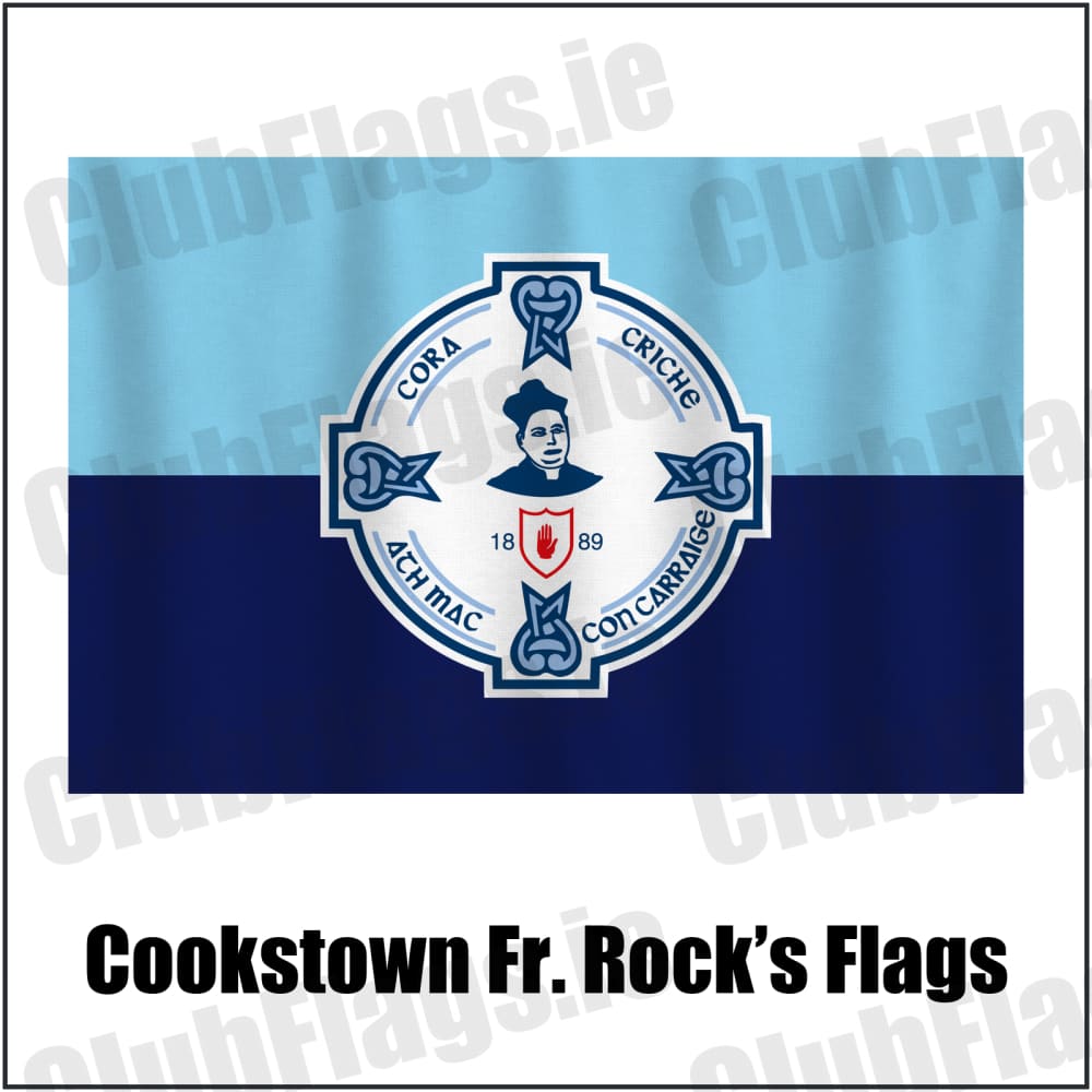 Cookstown Fr. Rock’s Flags in sky blue and navy, featuring the club crest on realistic fabric with gentle vertical folds; County Tyrone GAA. ClubFlags.ie.