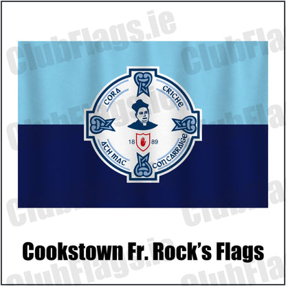 Cookstown Fr. Rock’s Flags in sky blue and navy, featuring the club crest on realistic fabric with gentle vertical folds; County Tyrone GAA. ClubFlags.ie.